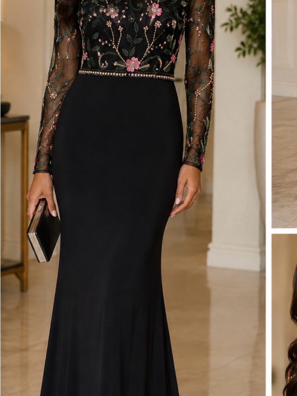 Mac Duggal 67870 Black Multi Floral Beaded Illusion Long Sleeve Trumpet Gown NWT - Picture 4 of 4